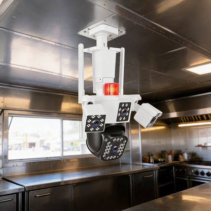 Cámara de seguridad WiFi de 4 lentes montada en el techo de un remolque de comida