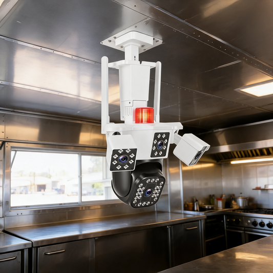 Cámara de seguridad WiFi de 4 lentes montada en el techo de un remolque de comida