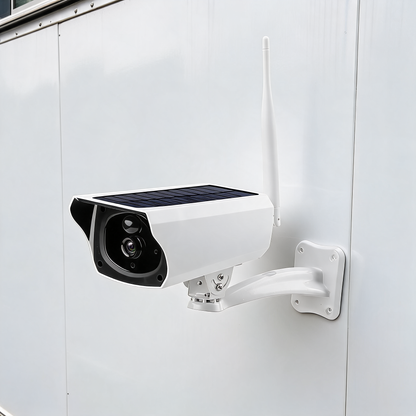 Cámara de seguridad solar WiFi montada en la pared de un remolque de comida