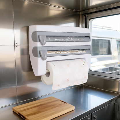 Organizador de pared para rollos de papel, plástico y aluminio en un remolque de comida