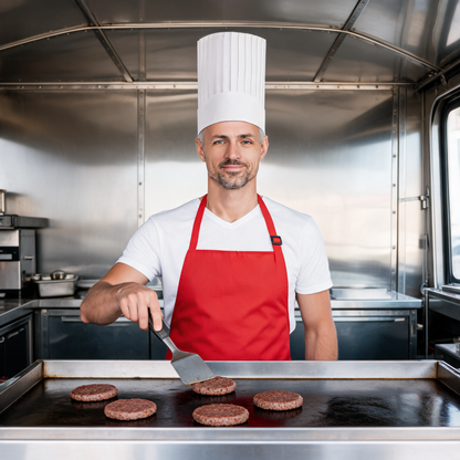 Cocinero con gorro de chef de papel de 9 pulgadas en la plancha de un remolque de comida