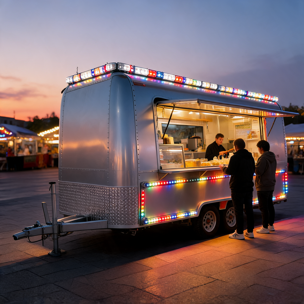 Remolque de comida iluminado con módulos LED RGB 5050 impermeables al atardecer