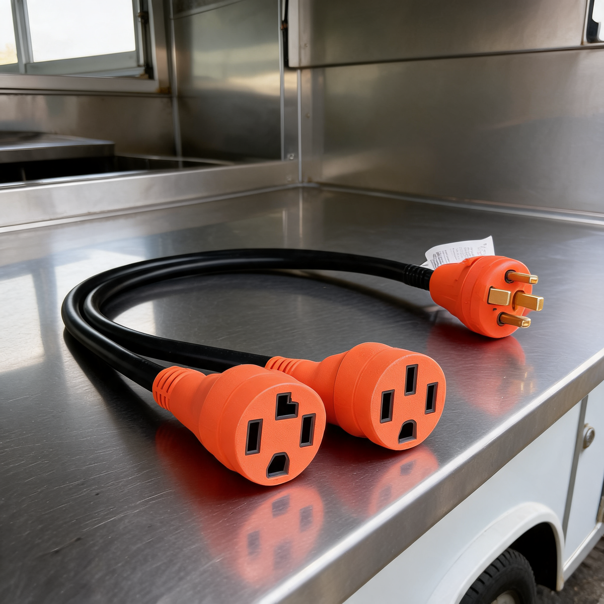 Adaptador divisor 30 A NEMA 14-30P a 14-30R y 14-50R en un remolque de comida