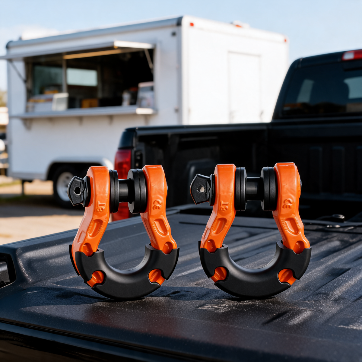 Par de grilletes D-Ring de 3/4 pulgada sobre la plataforma de una pickup