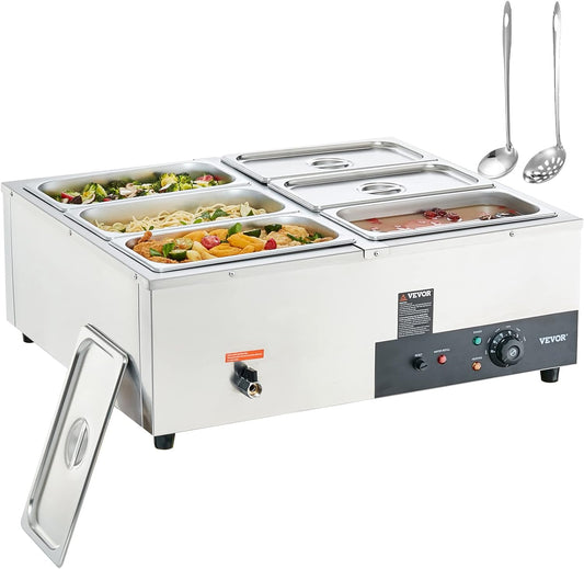 VEVOR 6-Pan Commercial Food Warmer, 6 x 8QT Electric Steam Table, 1500W Professional Countertop Stainless Steel Buffet Bain Marie with 86-185°F Temp Control for Catering and Restaurants