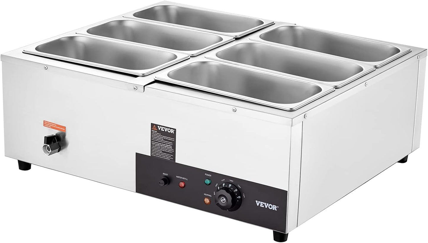 VEVOR 6-Pan Commercial Food Warmer, 6 x 8QT Electric Steam Table, 1500W Professional Countertop Stainless Steel Buffet Bain Marie with 86-185°F Temp Control for Catering and Restaurants