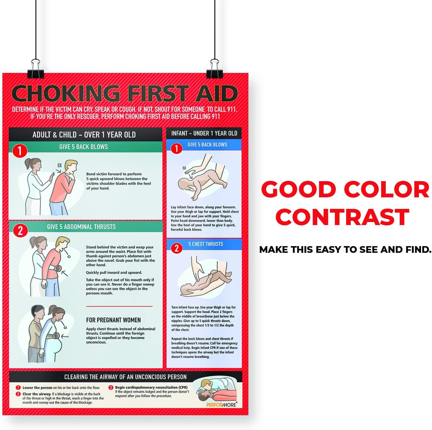 Safety Choking Victim Poster Measures 12" x 18", Choking First Aid Poster for Infants, Kids, Pregnants, and Adults, First Aid Guide Quick Reference Guide, Laminated by Ring Binder Depot