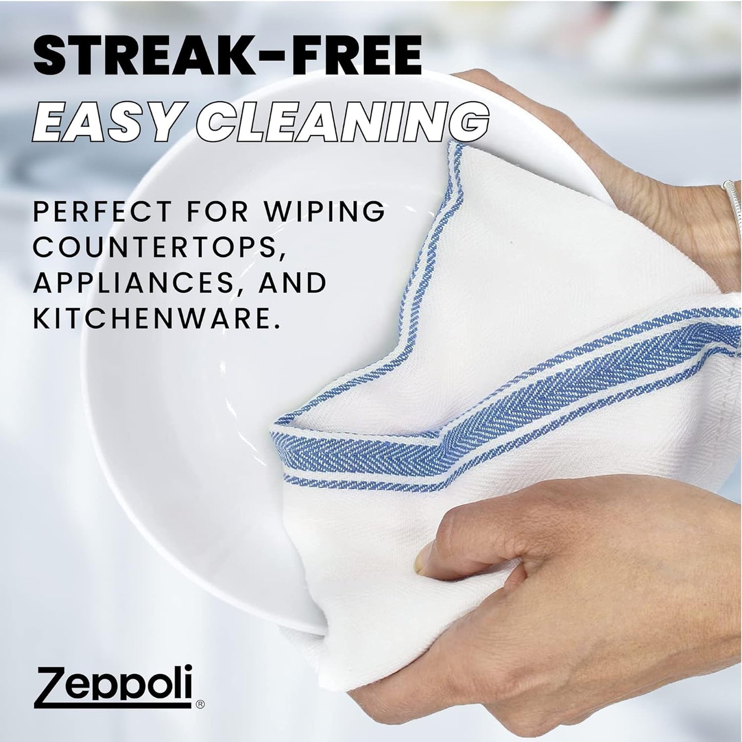 Zeppoli Classic Dish Towels - 15 Pack - 14" by 25" - 100% Cotton Kitchen Towels - Reusable Bulk Cleaning Cloths - Blue Hand Towels - Super Absorbent - Machine Washable