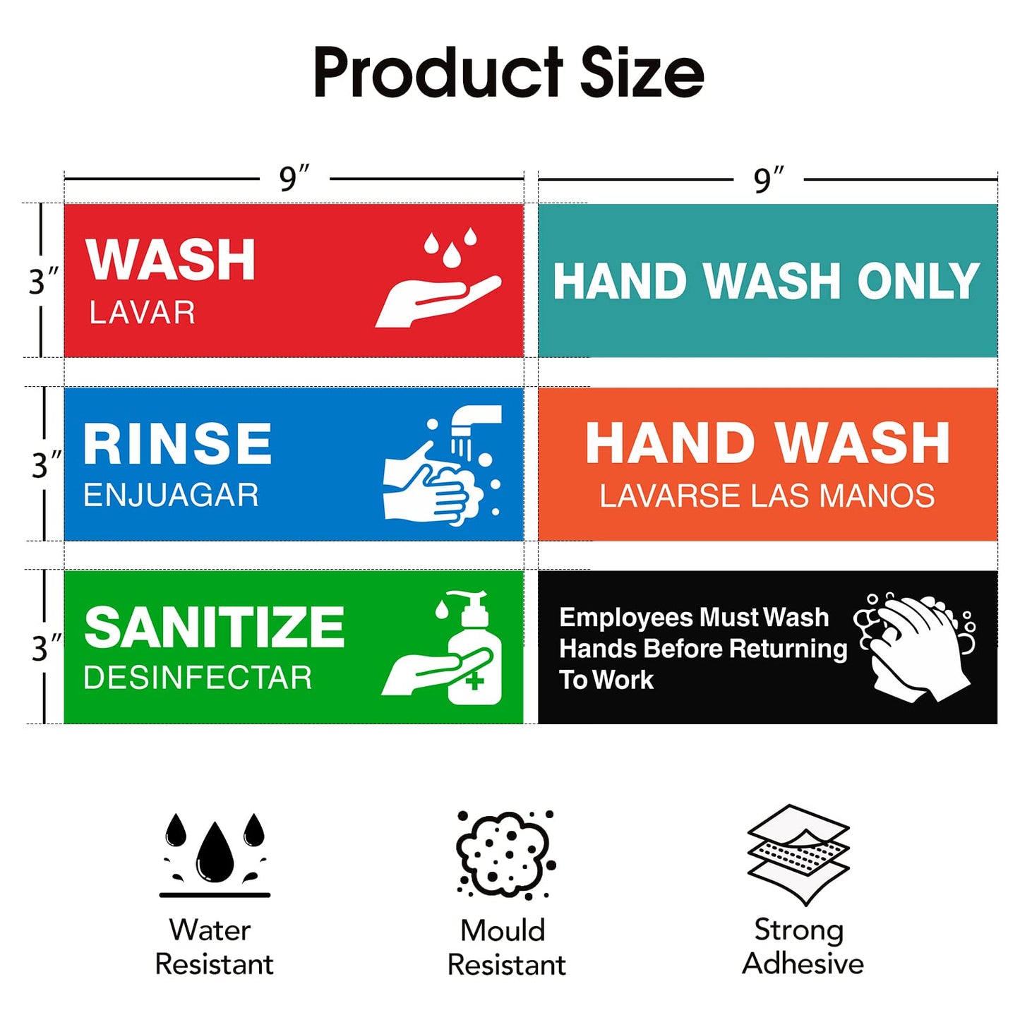 Wash Rinse Sanitize Sink Labels, Employee Must Wash Hands Signs Sticker(14 Pack -9"×3"), Perfect for 3 Compartment Dishwashing Sink-Commercial Kitchens, Restaurant, Food Trucks, Bussing Stations