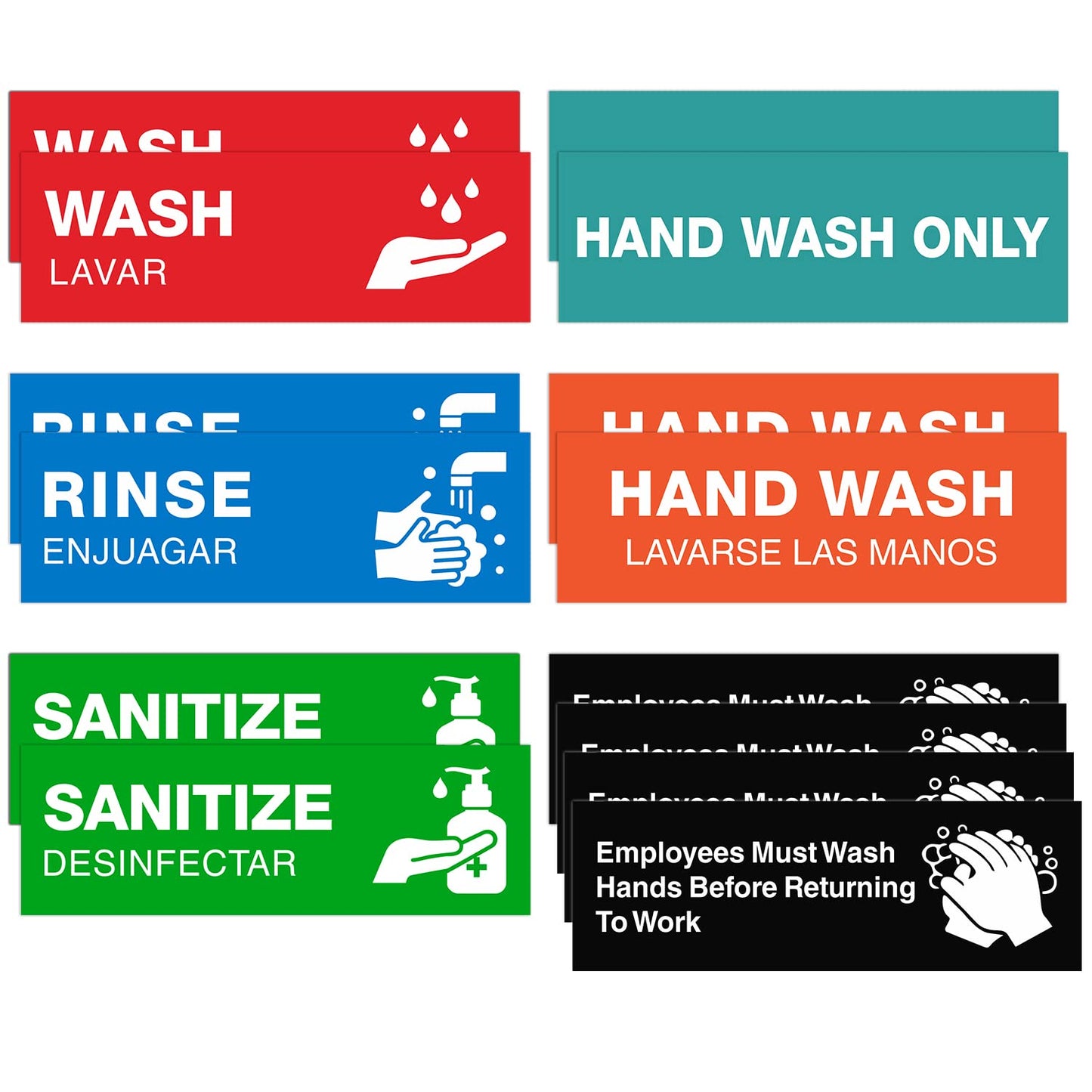 Wash Rinse Sanitize Sink Labels, Employee Must Wash Hands Signs Sticker(14 Pack -9"×3"), Perfect for 3 Compartment Dishwashing Sink-Commercial Kitchens, Restaurant, Food Trucks, Bussing Stations