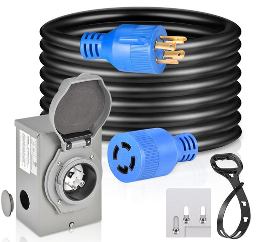 Seeutek 30 Amp Generator Extension Cord 40 Feet Generator Cable 4 Prong 125V/250V 7500W Generator Power Cord NEMA L14-30P/L14-30R with Pre-Drilled Power Inlet Box & Generator Interlock Kit, ETL Listed