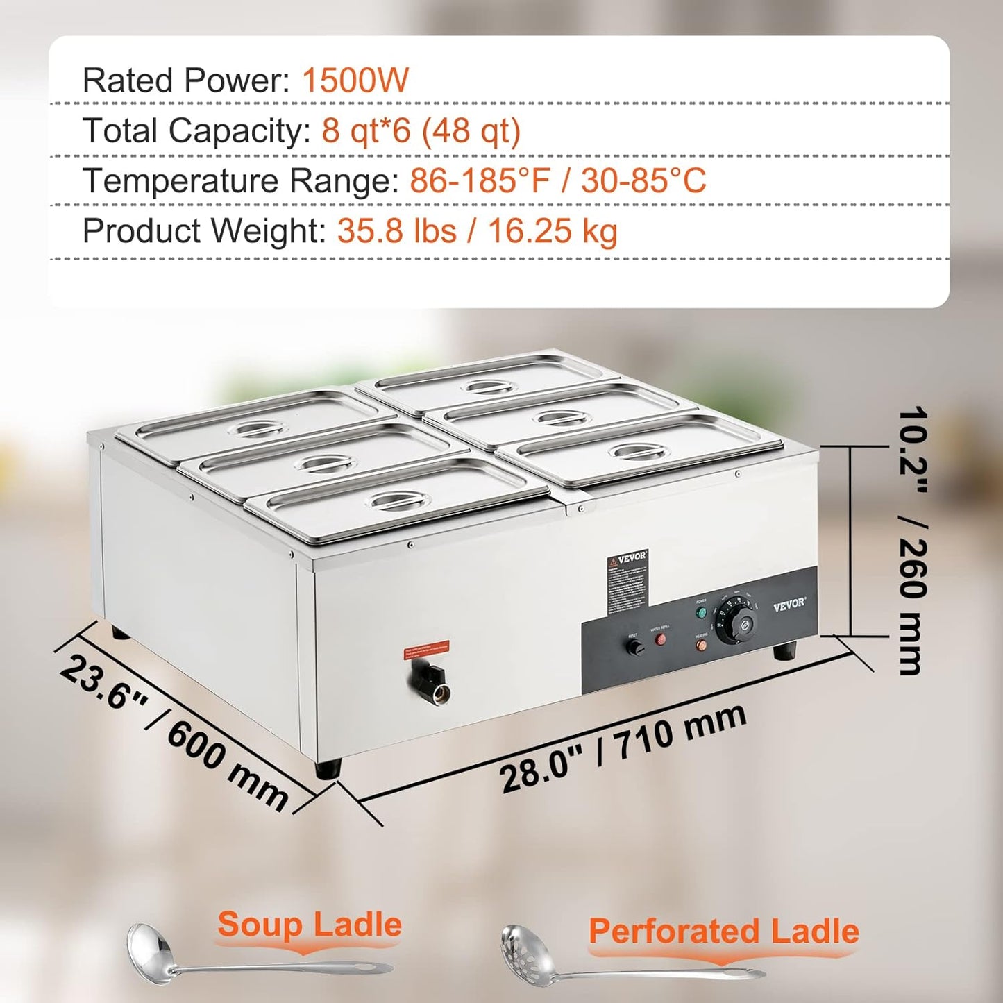 VEVOR 6-Pan Commercial Food Warmer, 6 x 8QT Electric Steam Table, 1500W Professional Countertop Stainless Steel Buffet Bain Marie with 86-185°F Temp Control for Catering and Restaurants