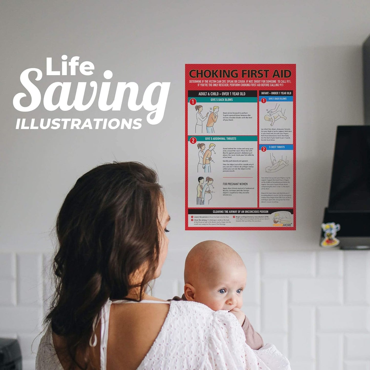 Safety Choking Victim Poster Measures 12" x 18", Choking First Aid Poster for Infants, Kids, Pregnants, and Adults, First Aid Guide Quick Reference Guide, Laminated by Ring Binder Depot