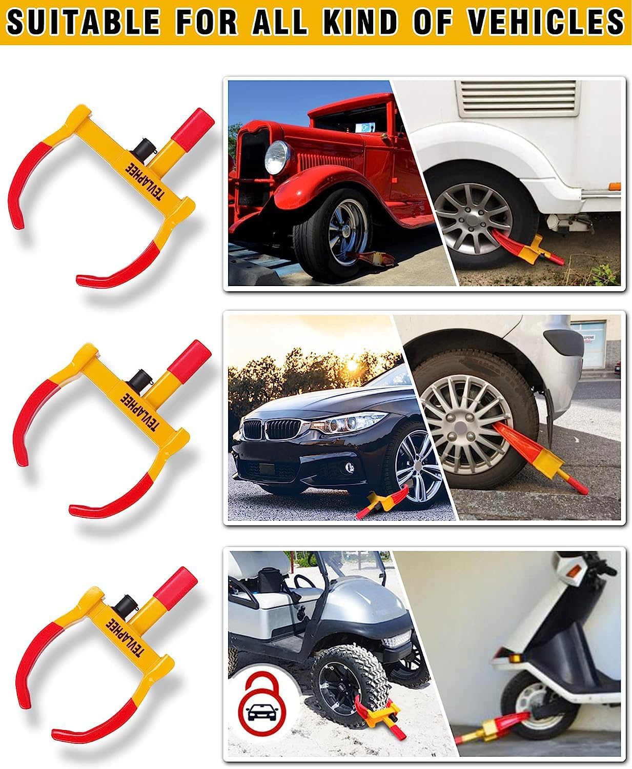 Tevlaphee Universal Wheel Lock Heavy Duty Security Trailer Wheel Lock Tires Anti Theft for Car SUV Boat Motorcycle Golf Cart Great Deterrent Bright Color with 3 Keys (Red-Yellow)