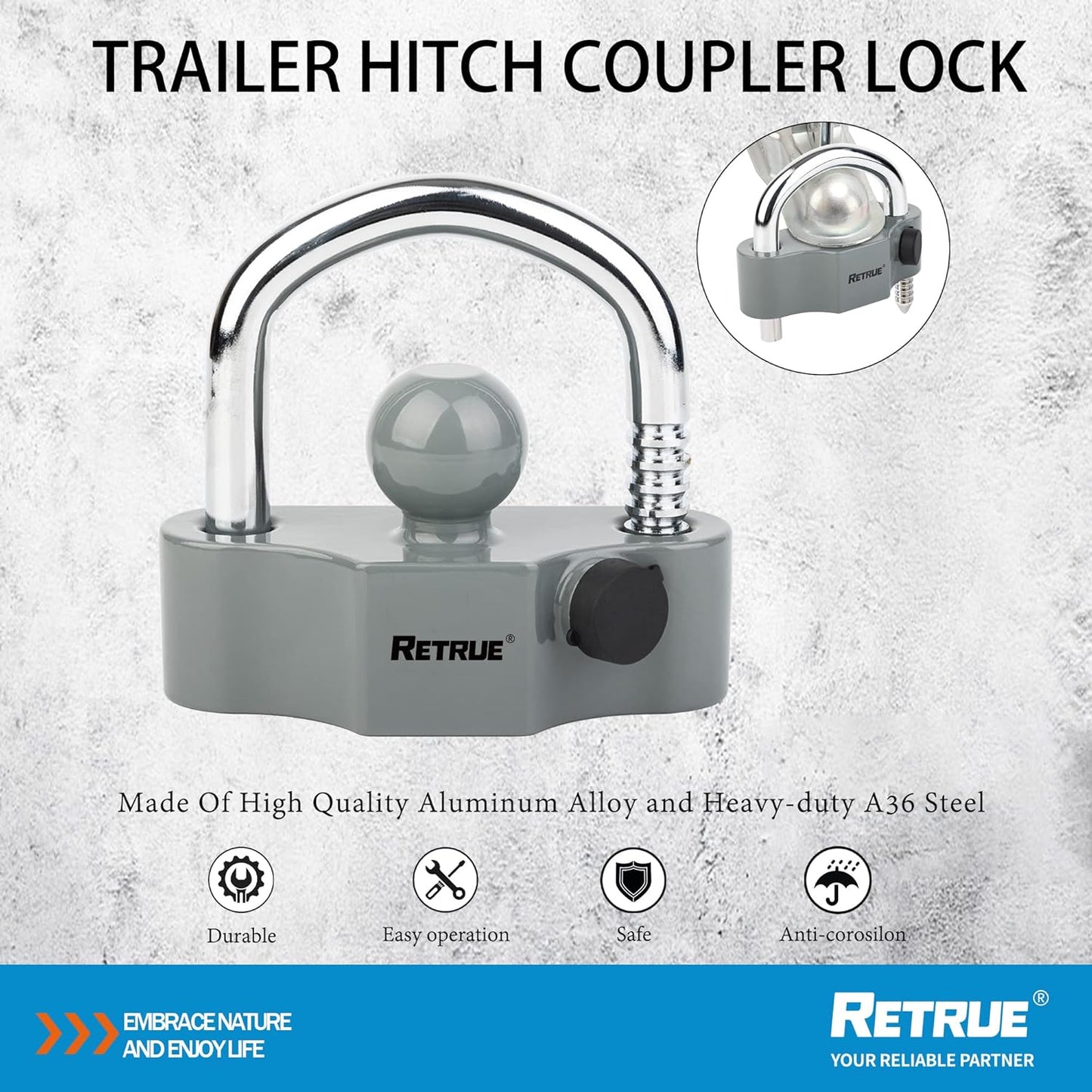 Universal Coupler Lock Trailer Locks Ball Hitch Trailer Hitch Lock Adjustable Security Heavy-Duty Steel Fits 1-7/8 Inch, 2 Inch, 2-5/16 Inch Couplers Grey & Silver