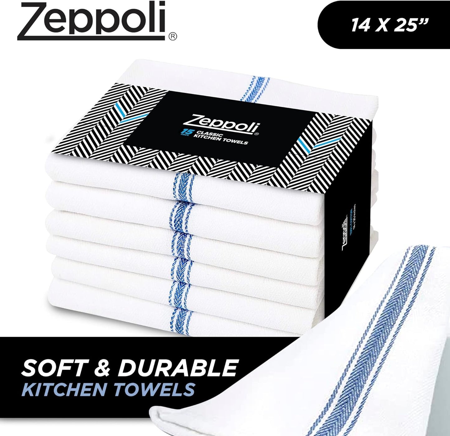 Zeppoli Classic Dish Towels - 15 Pack - 14" by 25" - 100% Cotton Kitchen Towels - Reusable Bulk Cleaning Cloths - Blue Hand Towels - Super Absorbent - Machine Washable