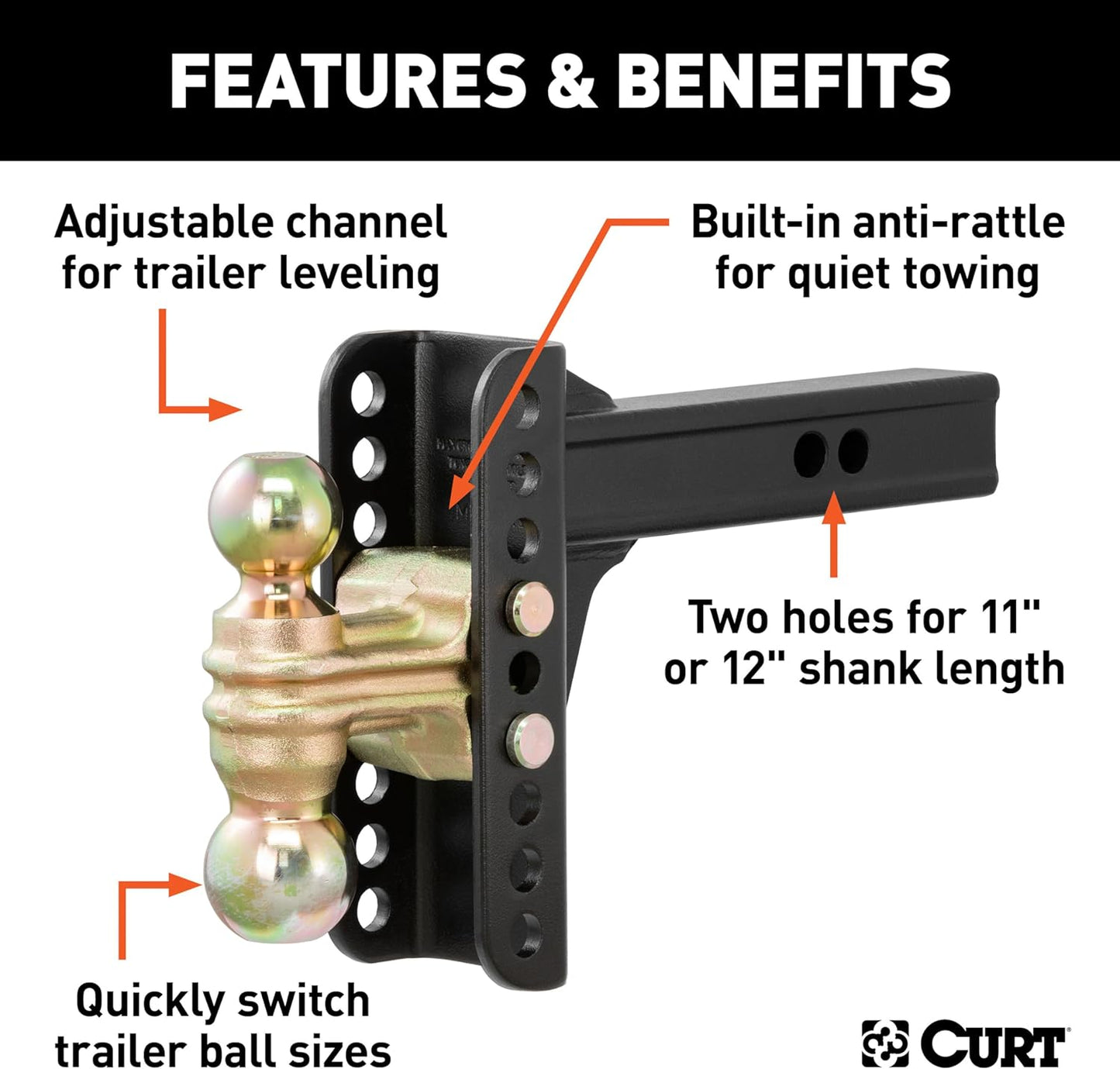 CURT 45900 Adjustable Trailer Hitch Ball Mount, 2-Inch Receiver, 6-Inch Drop, 2 and 2-5/16-Inch Balls, 14,000 lbs , Black