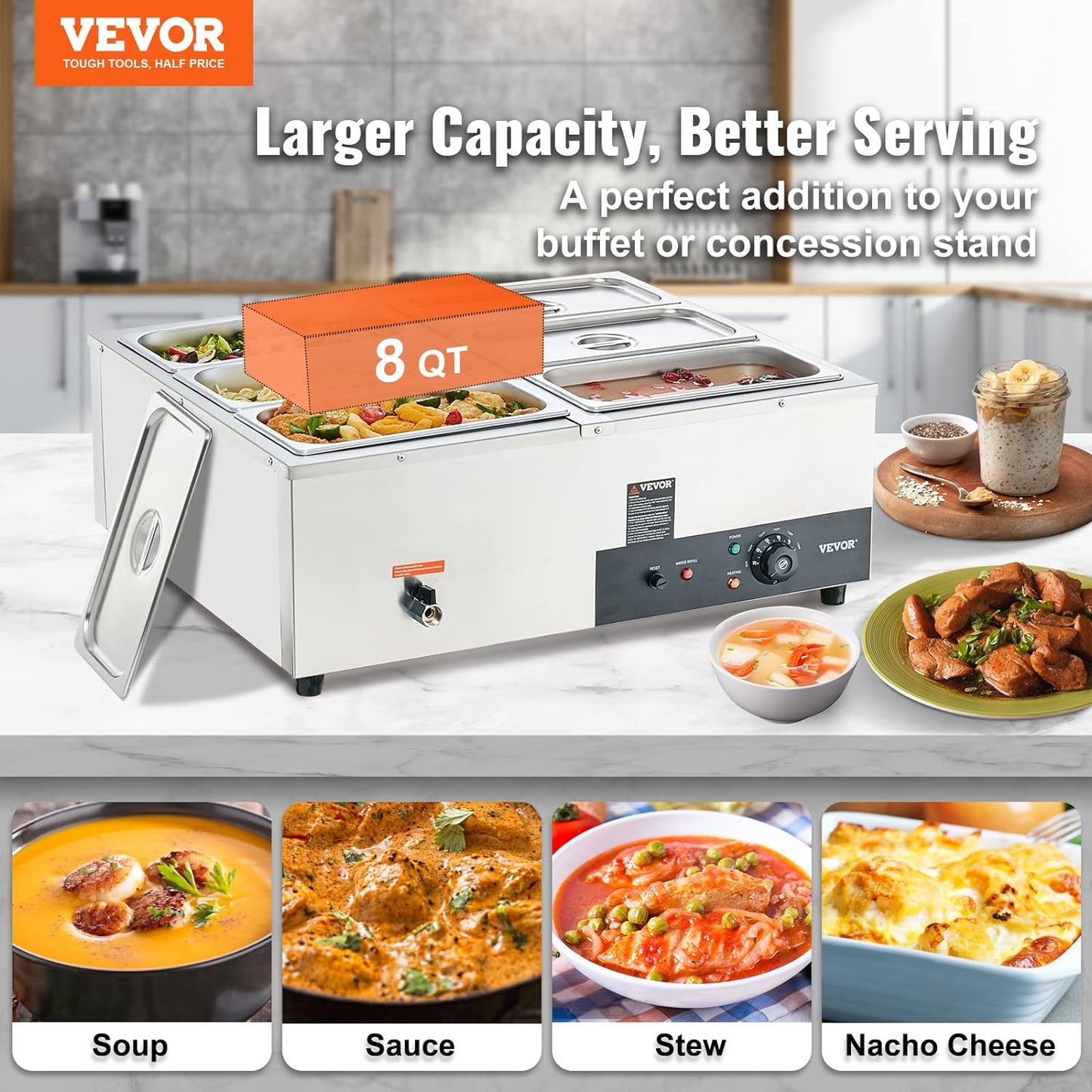 VEVOR 6-Pan Commercial Food Warmer, 6 x 8QT Electric Steam Table, 1500W Professional Countertop Stainless Steel Buffet Bain Marie with 86-185°F Temp Control for Catering and Restaurants