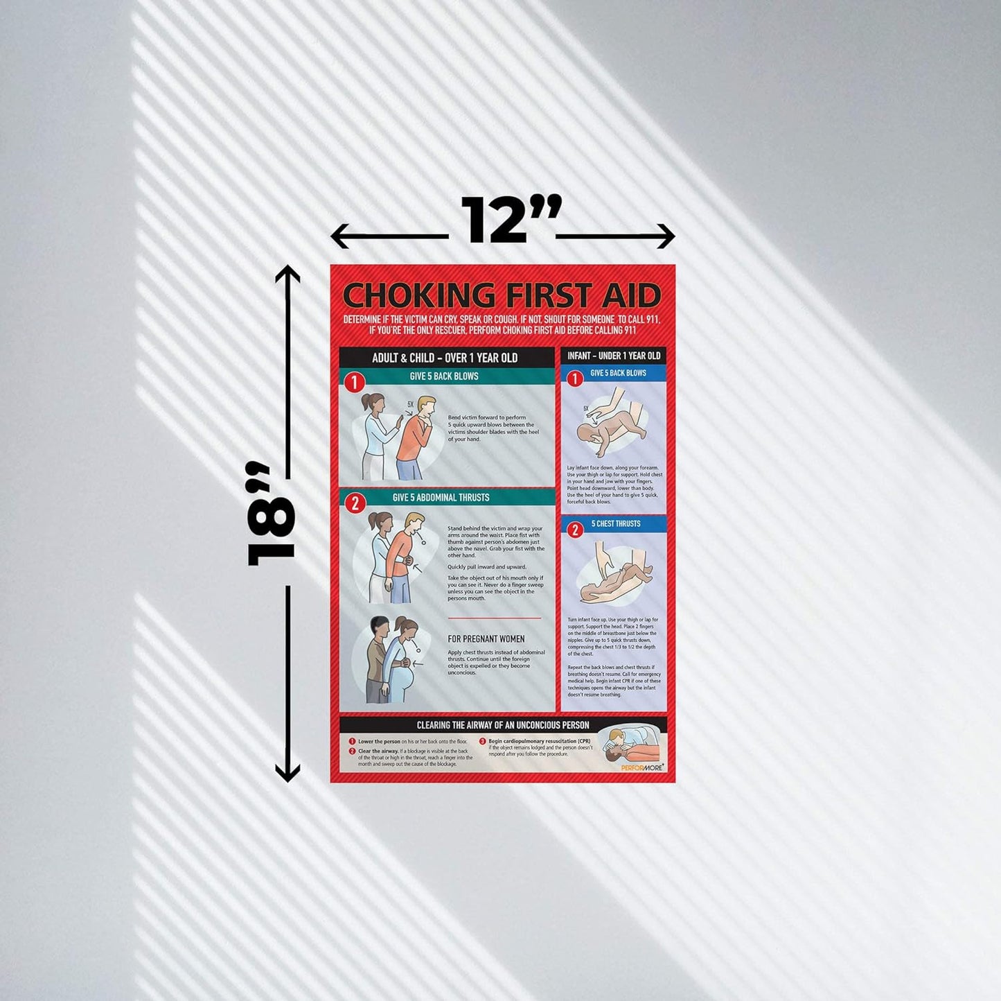 Safety Choking Victim Poster Measures 12" x 18", Choking First Aid Poster for Infants, Kids, Pregnants, and Adults, First Aid Guide Quick Reference Guide, Laminated by Ring Binder Depot