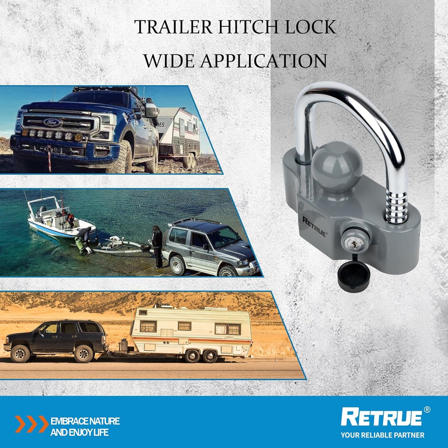 Universal Coupler Lock Trailer Locks Ball Hitch Trailer Hitch Lock Adjustable Security Heavy-Duty Steel Fits 1-7/8 Inch, 2 Inch, 2-5/16 Inch Couplers Grey & Silver