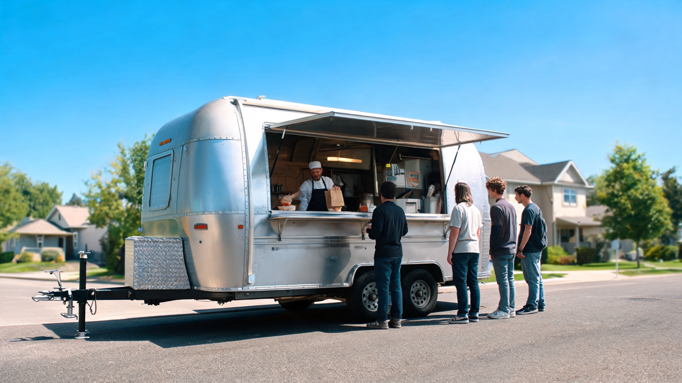 Remolque de comida abierto en una calle a mediodía con clientes formados en la ventanilla