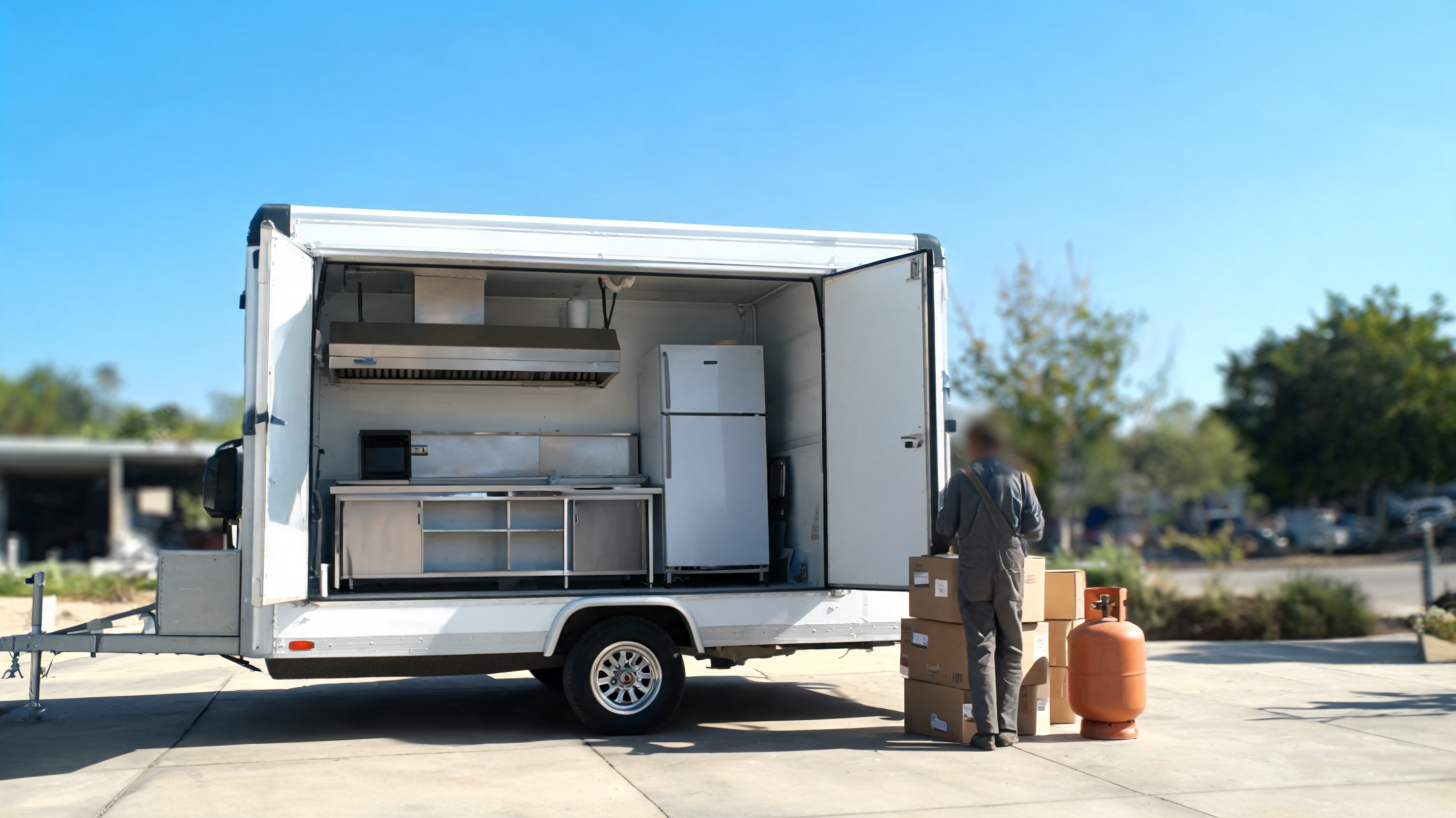 Remolque de comida recién equipado con la puerta trasera abierta a plena luz del día