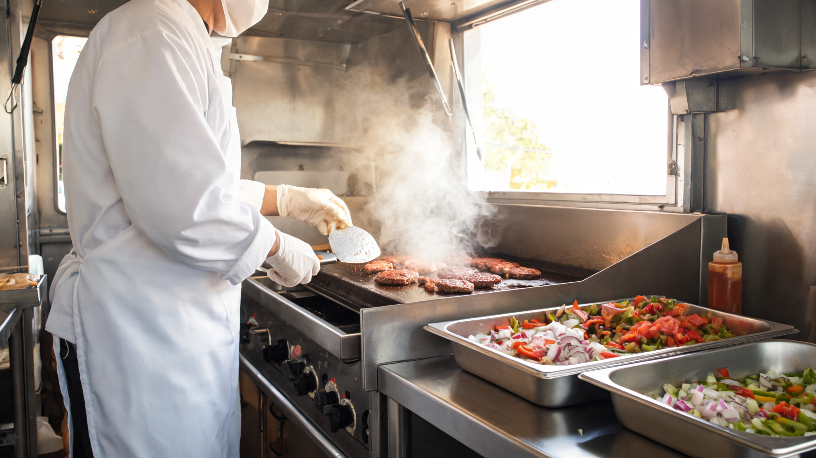 Cocinero trabajando en la plancha dentro de un remolque de comida con luz de día