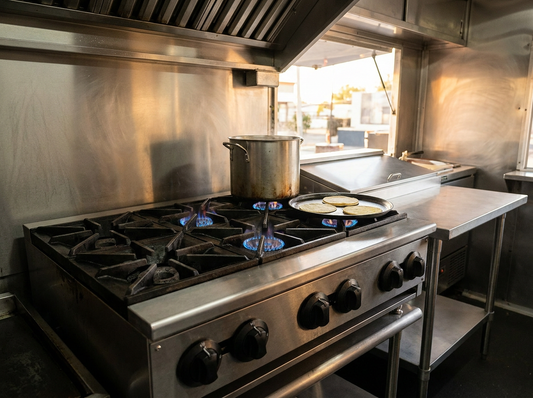 Parrilla de gas de 6 quemadores en uso en un food trailer